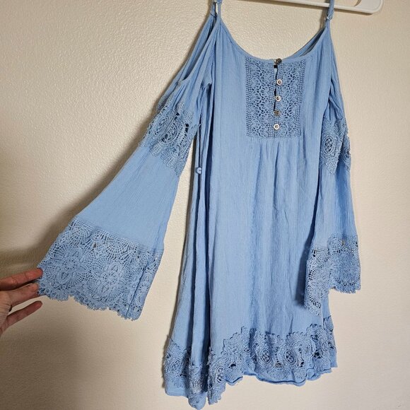 Fashion on Earth Blue Cold Shoulder Mini Dress - Women's S - Lace, Boho, Bell - Picture 4 of 10